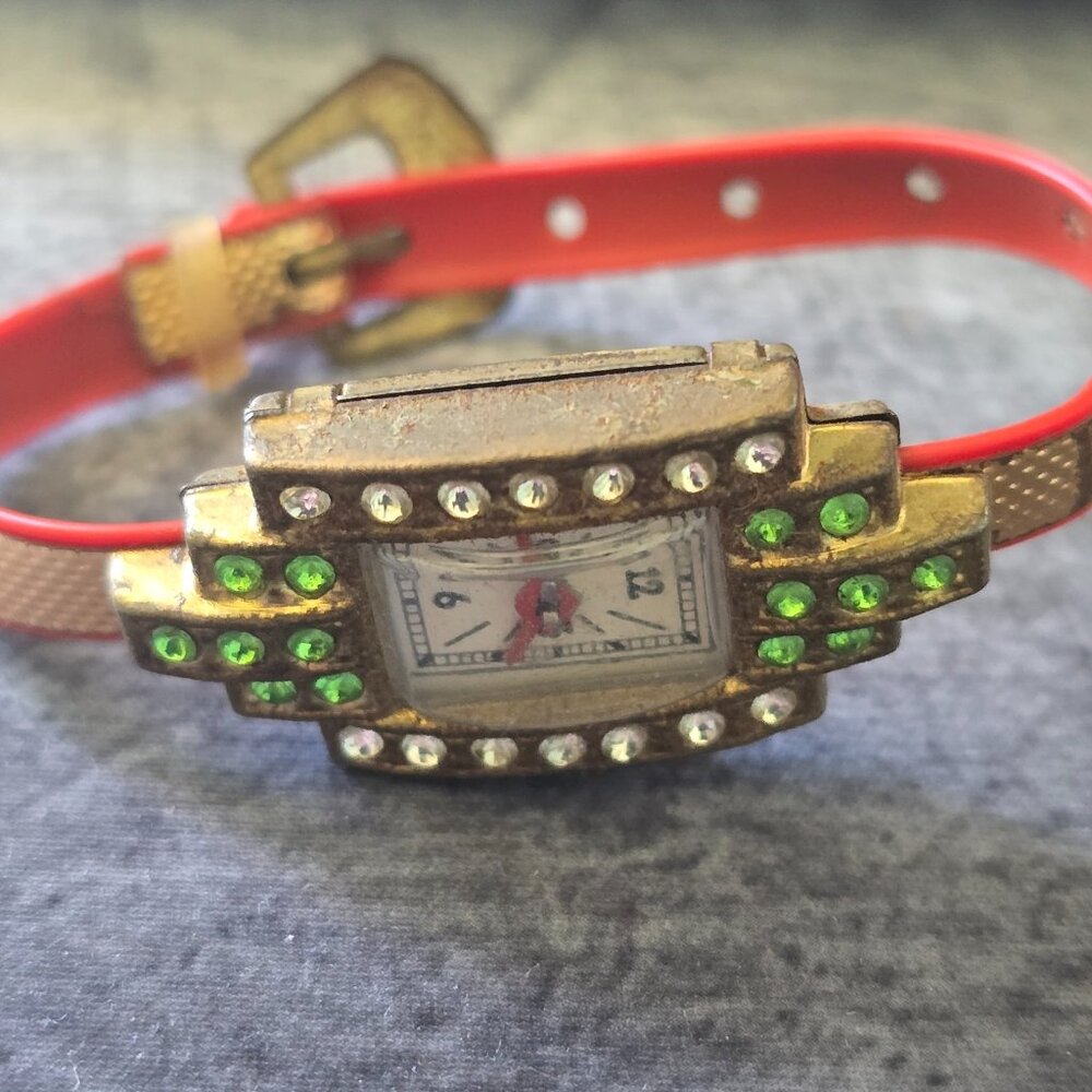 Vintage ESCO Esko Toy Wrist Watch Red Band Green Rhinestone Novelty 1930s 1940s - Picture 3 of 16
